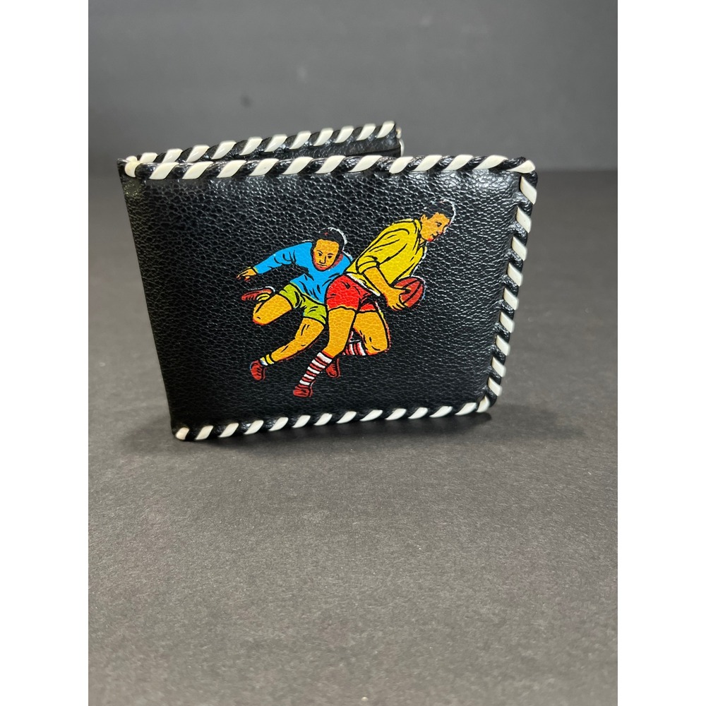 Vintage Rugby Football Graphic Bifold Wallet Black White Whipstitch Sporty